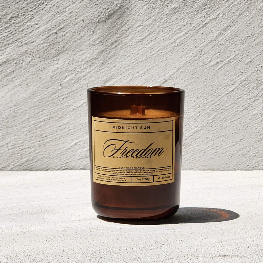 Candle with a label on a textured surface